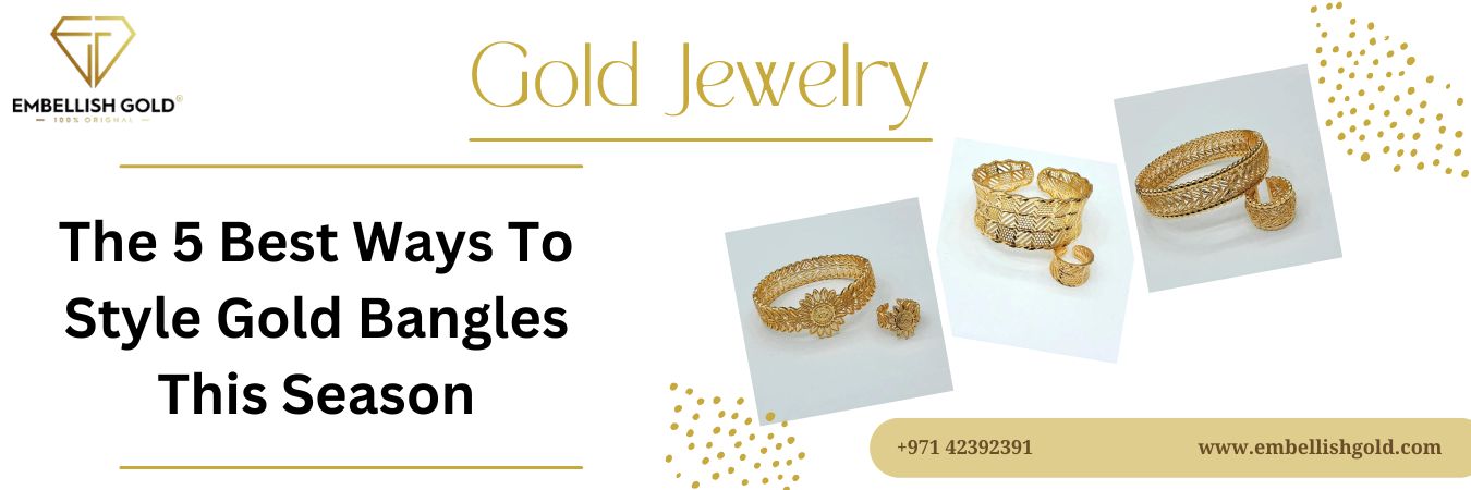 Gold jewelry display with textured gold bangles and rings on white background, stylish ideas
