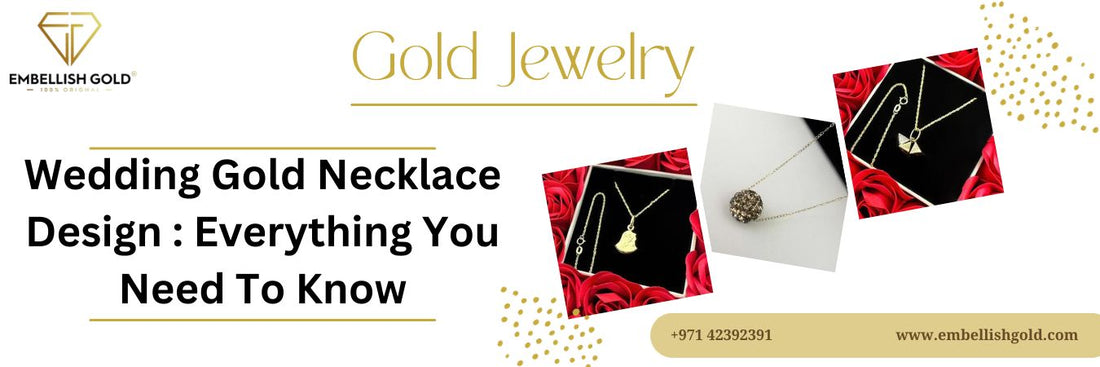 Wedding gold necklace designs with pendants displayed on roses, gold jewelry banner