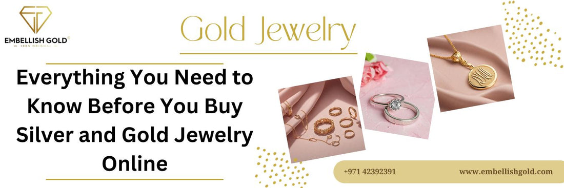 Gold and silver jewelry assortment including rings, necklaces, and bangles on elegant backgrounds