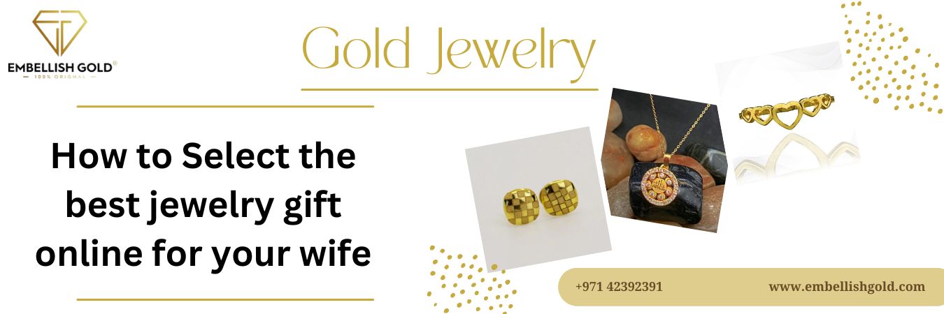 Gold jewelry gift ideas online, featuring gold earrings, pendant, and heart ring on white background.