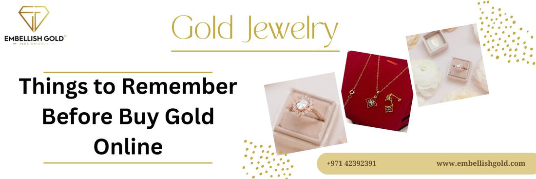 Gold jewelry guide banner with rings, necklaces, and buying tips for online gold shopping.
