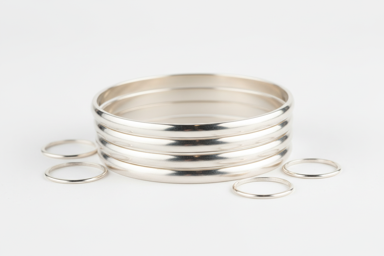 Stacked silver bangles and slim silver rings on a plain white background