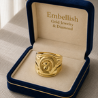 Gold ring in a jewelry box with 'Embellish Gold Jewelry & Diamond' branding.