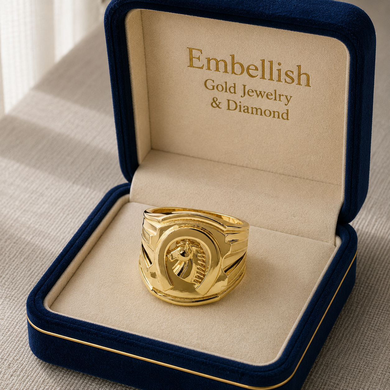 Gold ring in a jewelry box with 'Embellish Gold Jewelry & Diamond' branding.