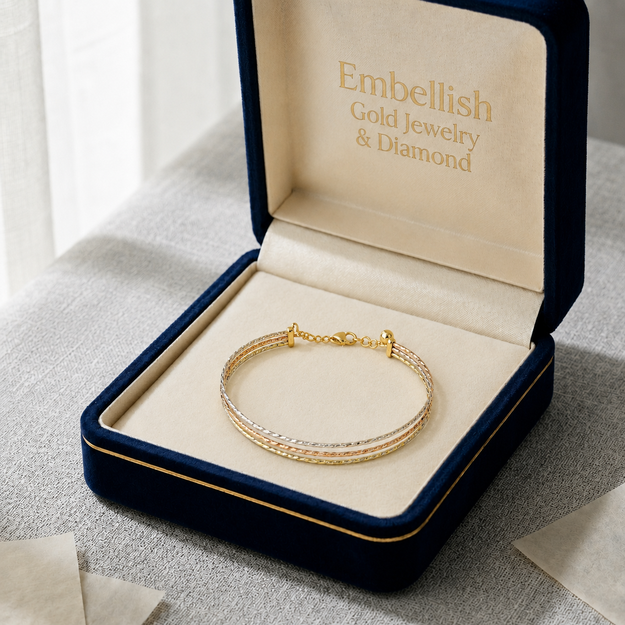 18k Gold 3 String Colored Bangle - 18k Gold Bangle - Embellish Gold Jewelry & Diamond