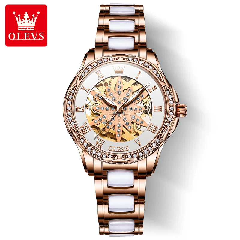 OLEVS 6681 Automatic Watch for Women - Festive Collection - Embellish Gold Jewelry & Diamond