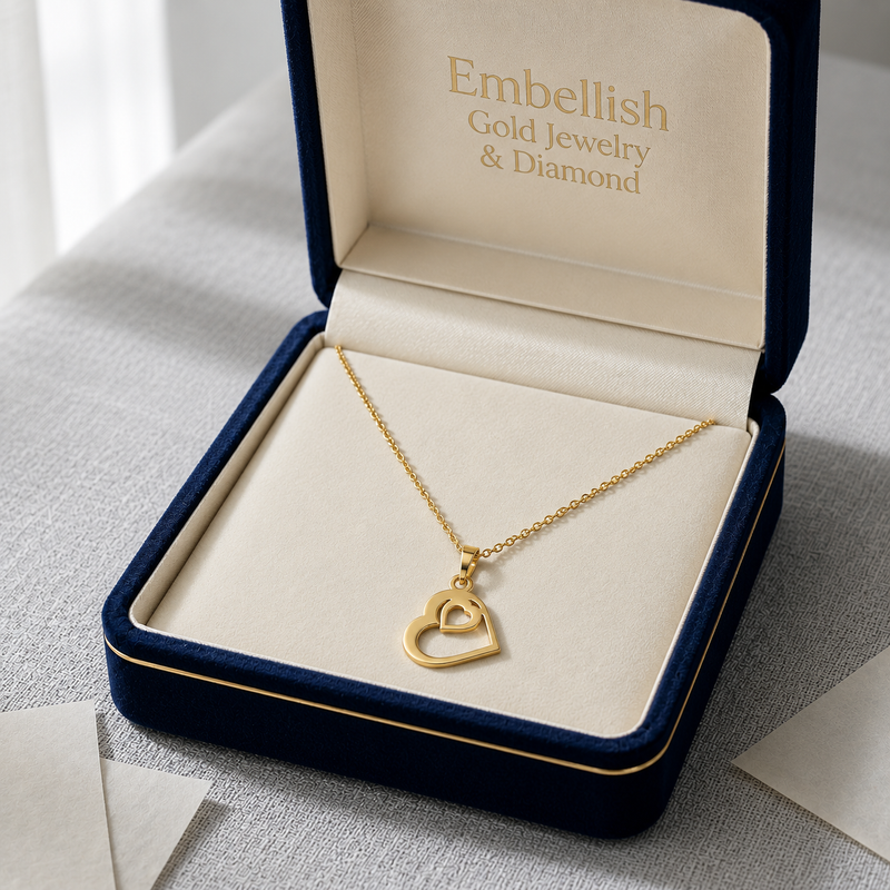 18K Real Gold Heart in Heart Necklace - 18k Gold Necklace - Embellish Gold