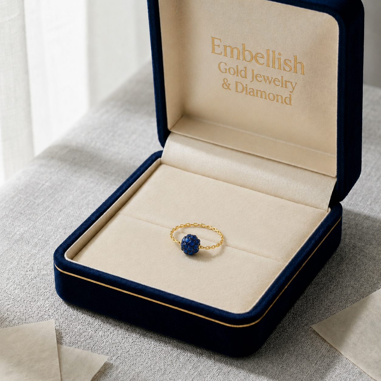 18K Gold Navy Blue Swarovski Chain Ring - New Launch - Embellish Gold