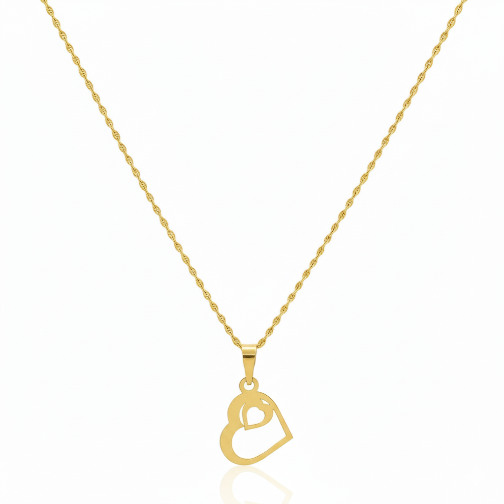 18K Real Gold Heart in Heart Necklace