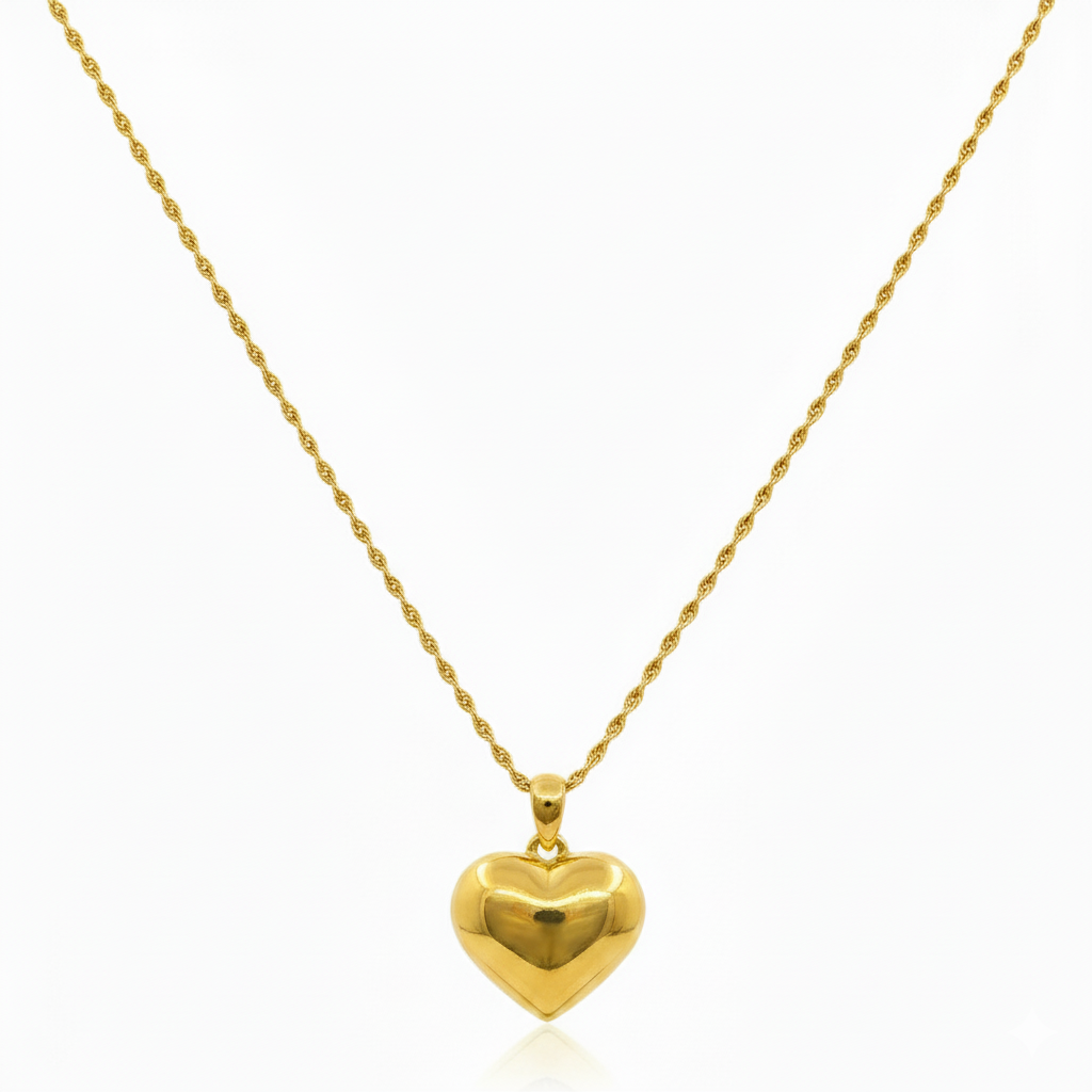 18K Gold Bubble Heart With Rope Chain