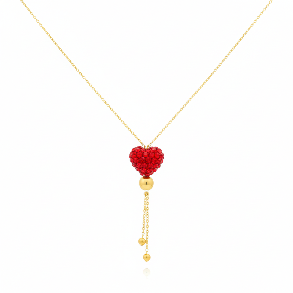 قلادة قلب أحمر سواروفسكي من الذهب الحقيقي عيار 18 قيراط