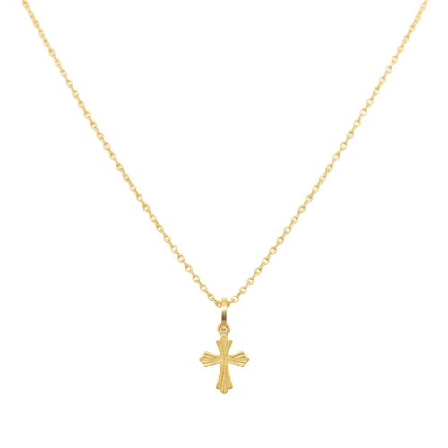 Gold necklace with a cross pendant on a white background