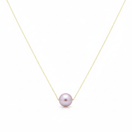 Necklace with a single pink pearl on a white background