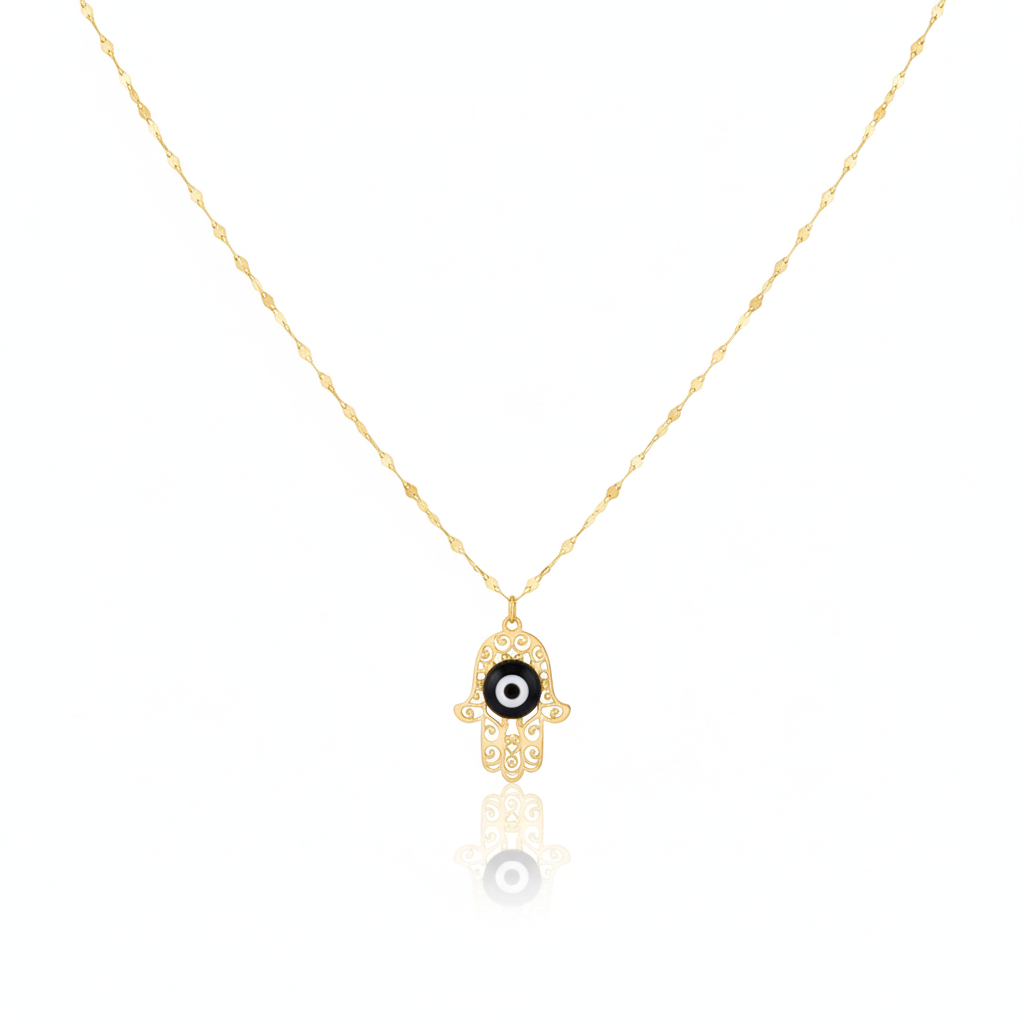 18K Real Gold Hamsa Hand Necklace With Mirror Chain
