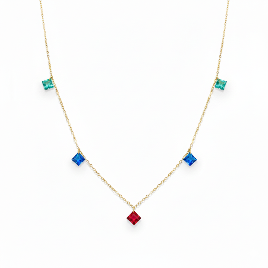 18K Real Gold Multi Color Stone Necklace