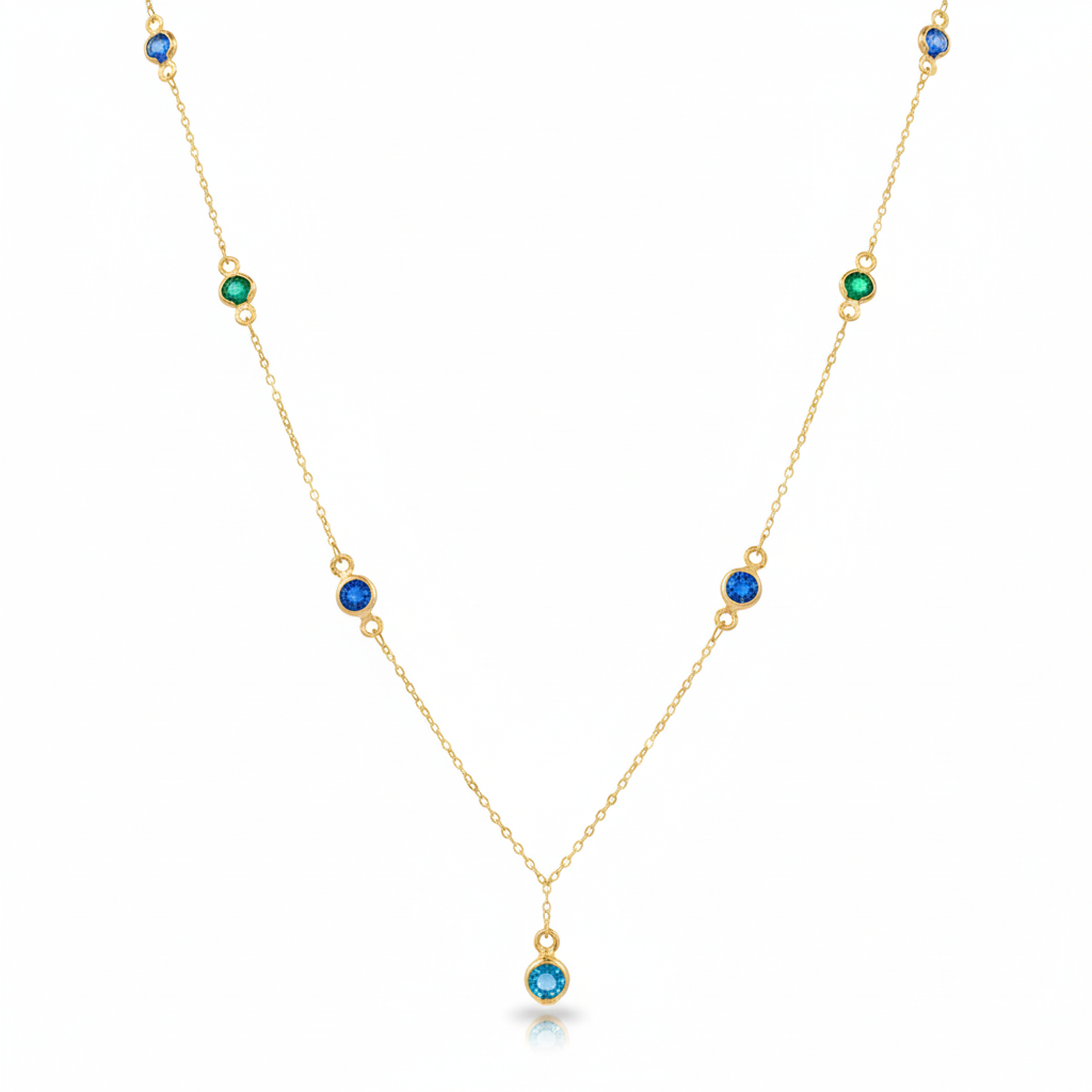 18K Real Gold Multi Color Round Stone Necklace - 18k Gold Necklace - Embellish Gold