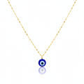 Gold necklace with a blue evil eye pendant on a white background