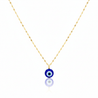 Gold necklace with a blue evil eye pendant on a white background