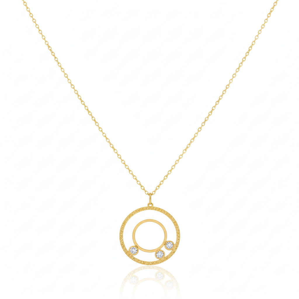 18K Real Gold 3 Stone Circle Necklace