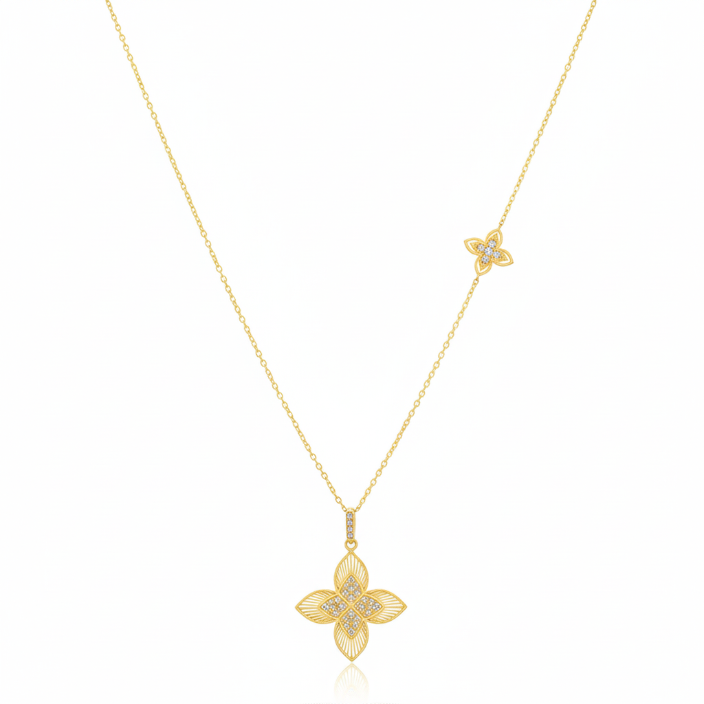 18K Real Gold Dual Chain Roberto 2 Flower Long Chain Necklace