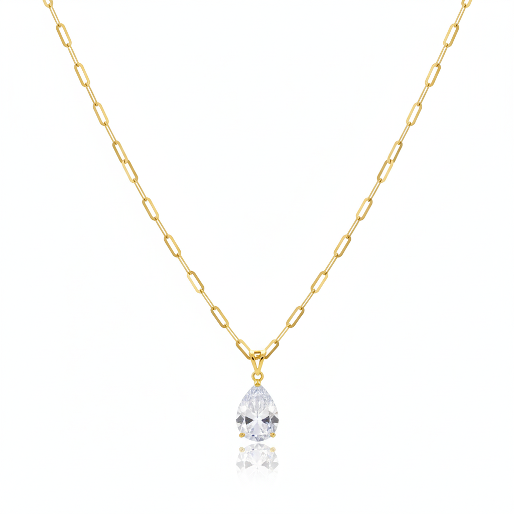18k Real Gold Oval Stone Paper Clip Chain - 18k Gold Necklace - Embellish Gold