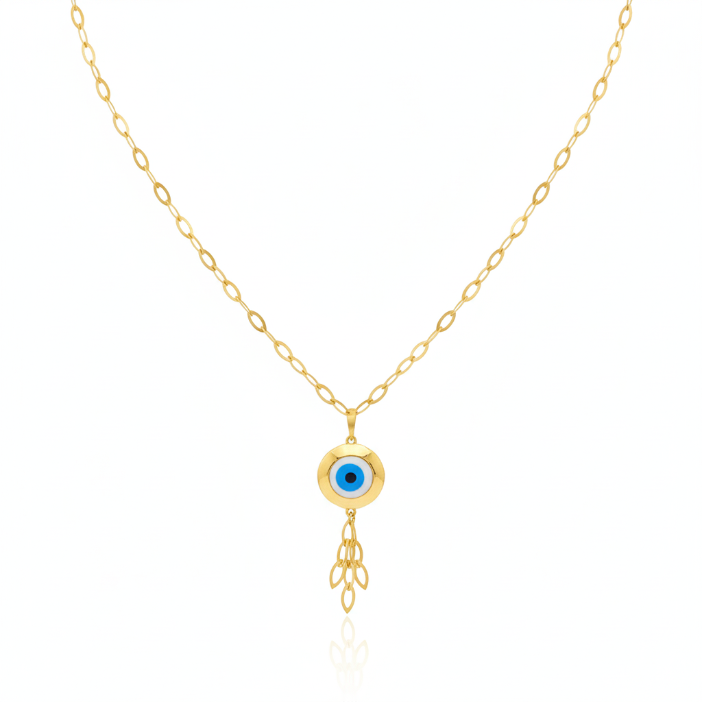 18k Real Gold Round evil eye with hanging chain