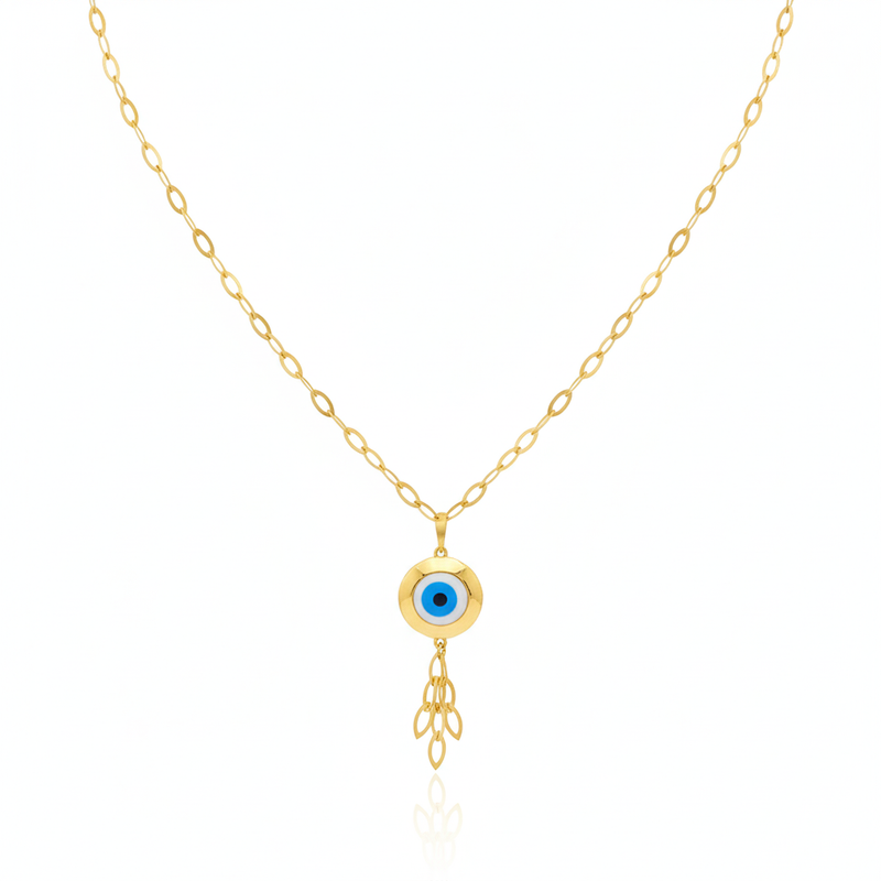 18k Real Gold Round evil eye with hanging chain - 18k Gold Necklace - Embellish Gold