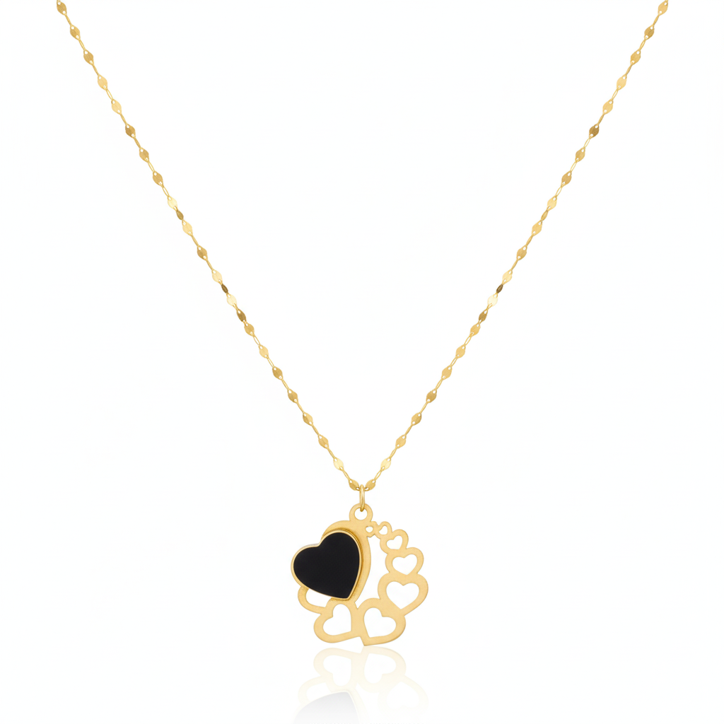 18K Gold 8 heart with black stone - 18k Gold Necklace - Embellish Gold
