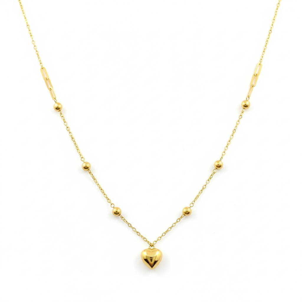 18K Gold Balls & Heart Necklace - 18k Gold Necklace - Embellish Gold