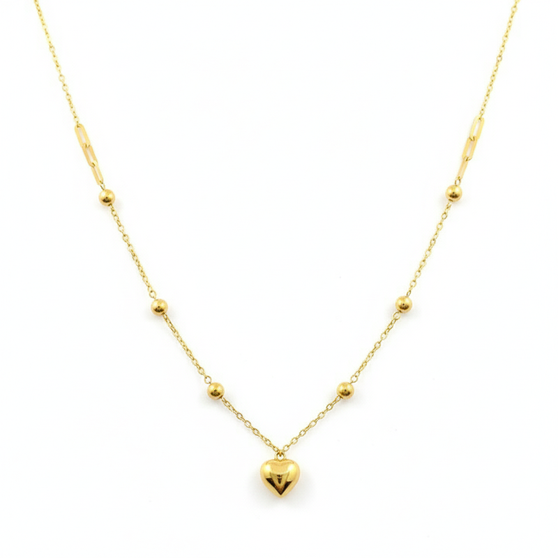 18K Gold Balls & Heart Necklace - 18k Gold Necklace - Embellish Gold