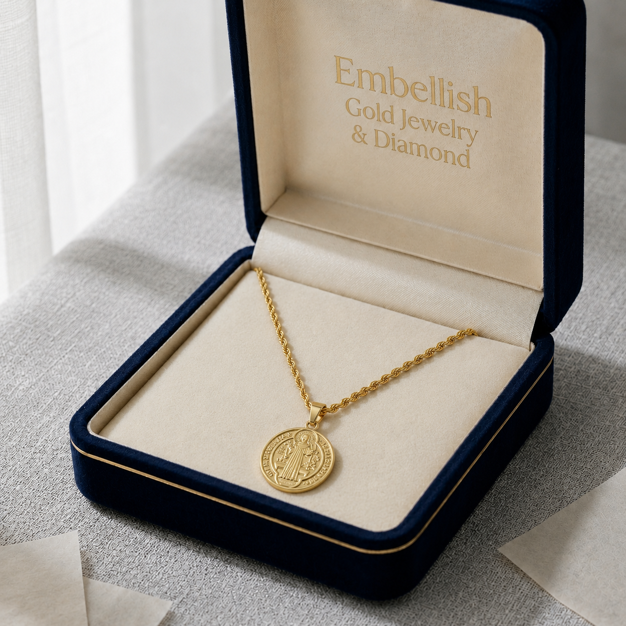 Gold necklace in a 'Embellish Gold Jewelry & Diamond' box on a light surface.