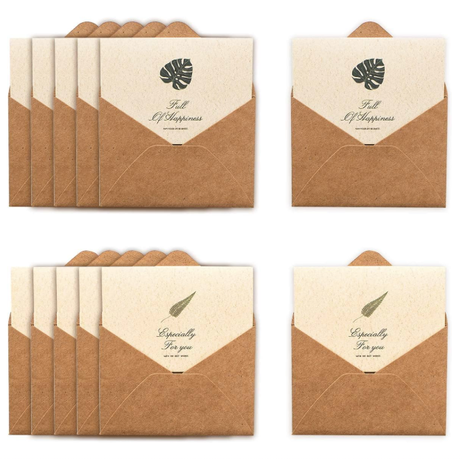 Set of brown envelopes with white interiors featuring text and leaf designs on a white background.