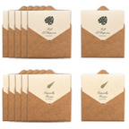 Set of brown envelopes with white interiors featuring text and leaf designs on a white background.