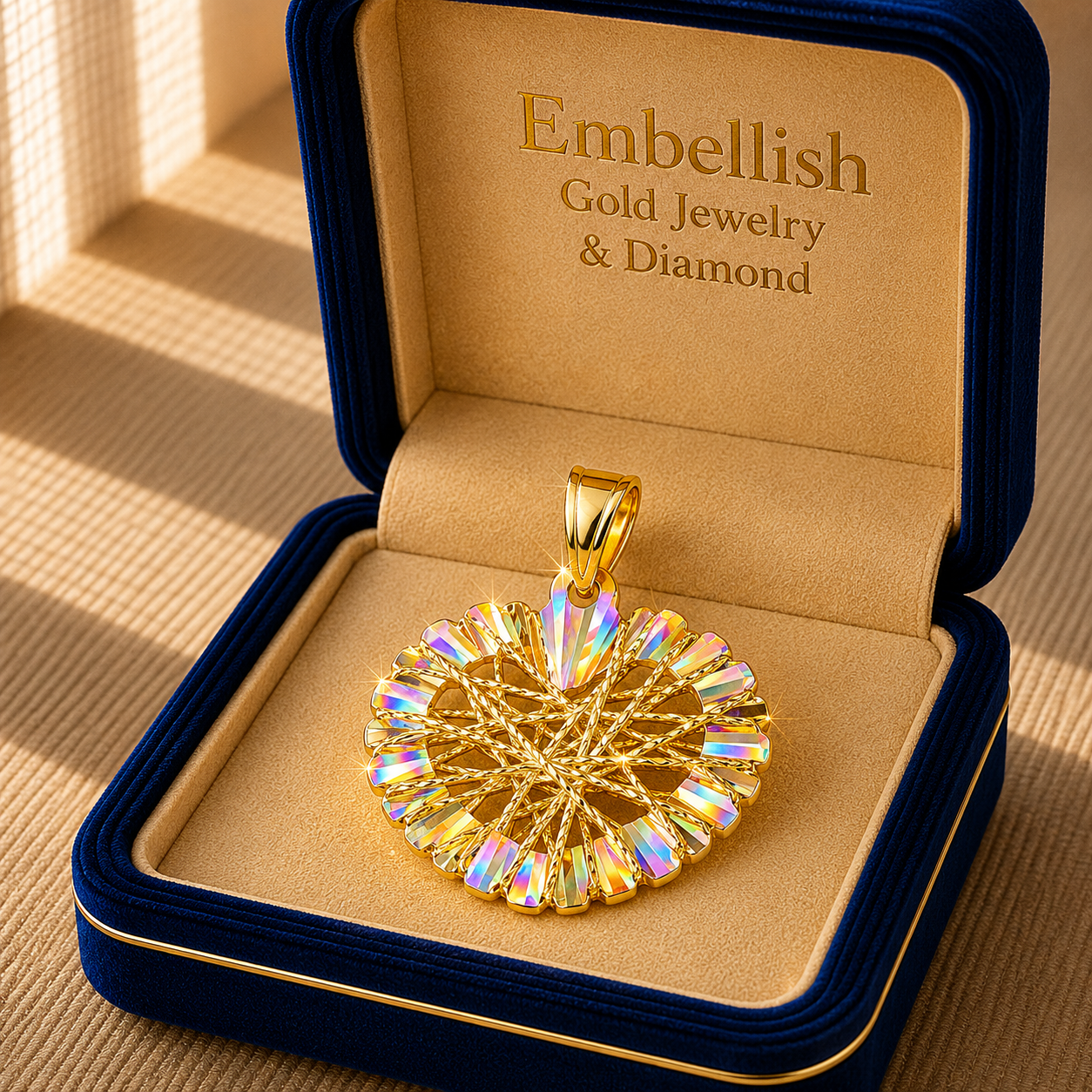 Gold and diamond pendant in a 'Embellish Gold Jewelry & Diamond' box.