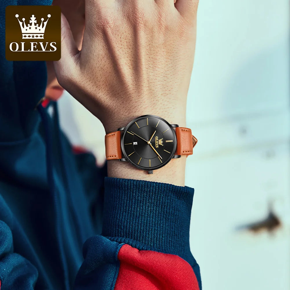 OLEVS 5869 Fashion Genuine Leather Men's Watch - Olevs - Embellish Gold Jewelry & Diamond
