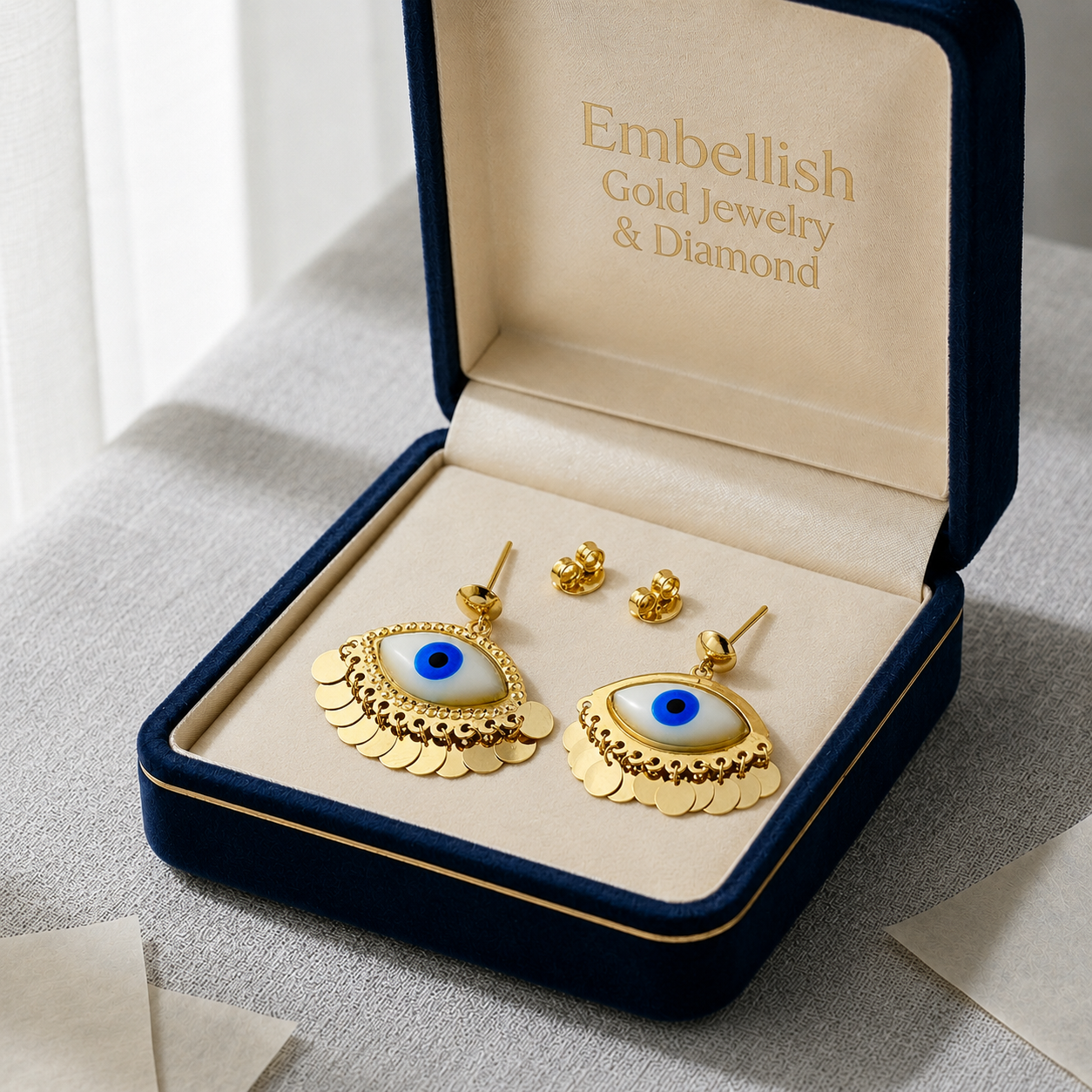 18K Real Gold Evil Eye With Round Hanging Earrings