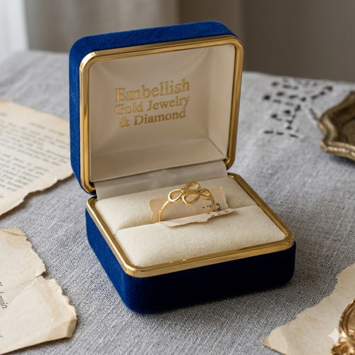 Gold ring in a blue and gold jewelry box with 'Embellish Gold Jewelry & Diamond' branding.