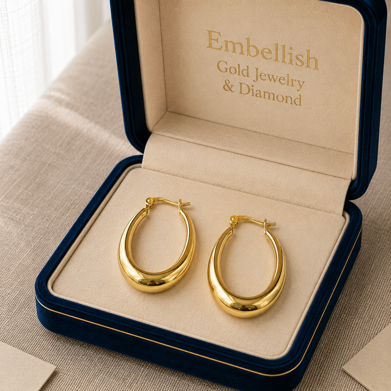 18k Gold Shiny Oval Loop Earrings - 18k Gold Earrings - Embellish Gold Jewelry & Diamond