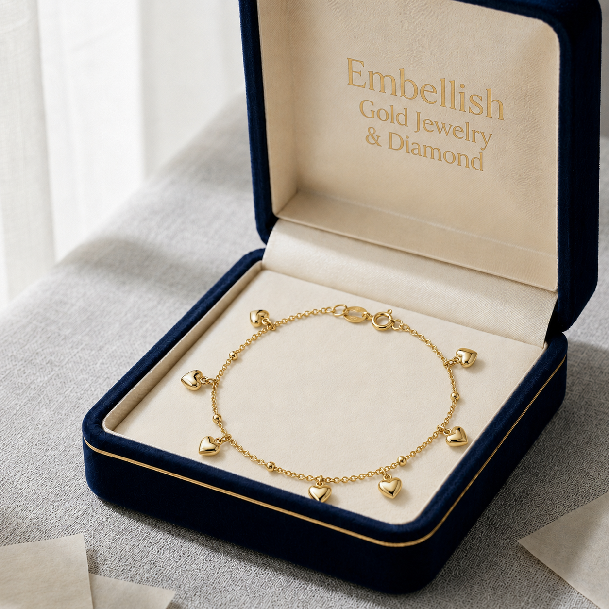 18k Gold Solid Heart Ball Anklet - ad collection - Embellish Gold Jewelry & Diamond