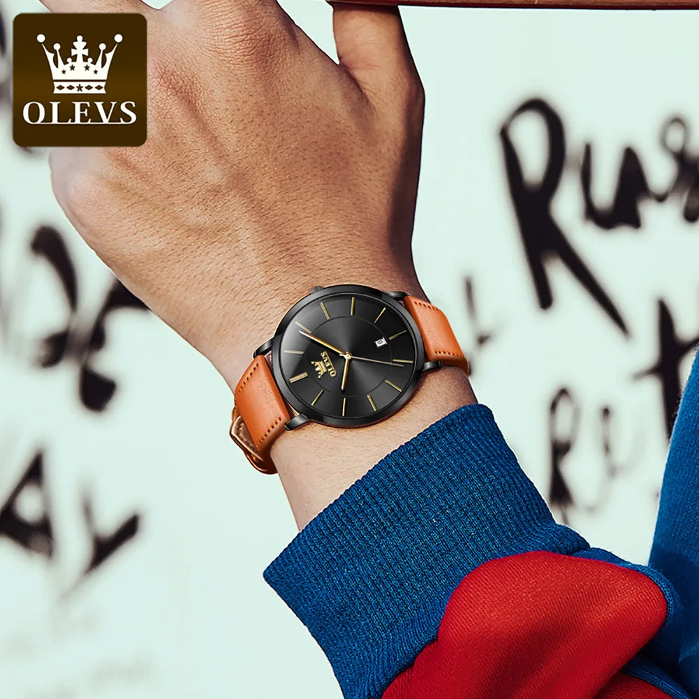 OLEVS 5869 Fashion Genuine Leather Men's Watch - Olevs - Embellish Gold Jewelry & Diamond