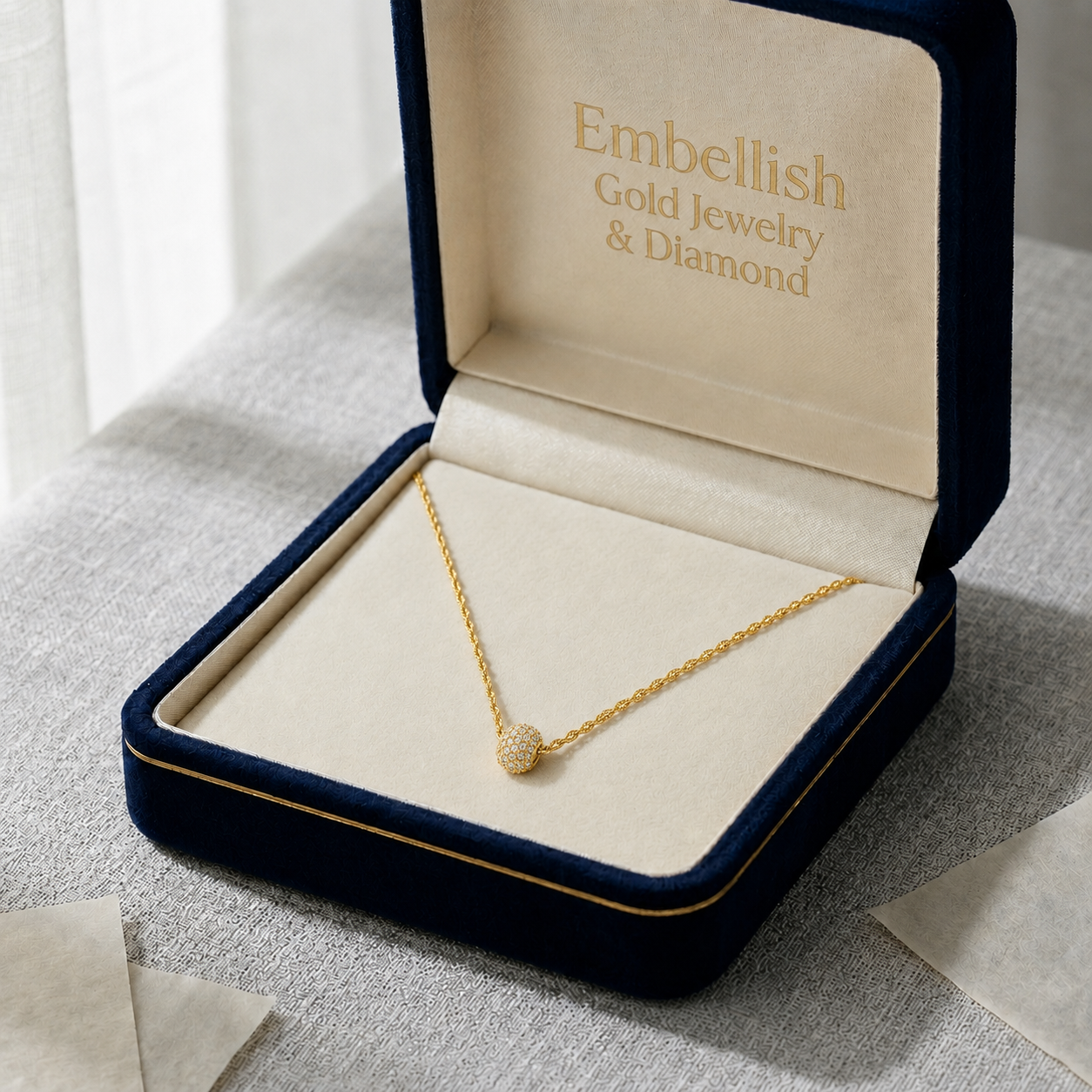 18k Gold Brass Ball with Rope Necklace - 18k Gold Necklace - Embellish Gold Jewelry & Diamond
