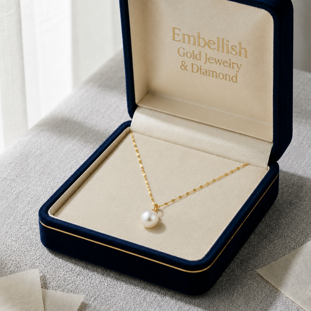 18K Real Gold White Pearl Necklace With Mirror Chain