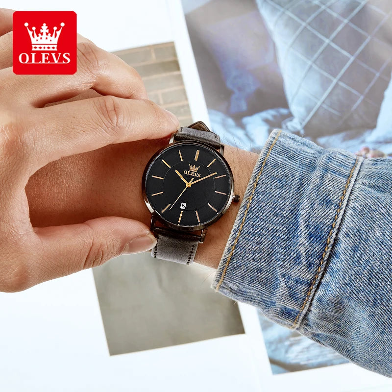 OLEVS 5869 Fashion Genuine Leather Men's Watch - Olevs - Embellish Gold Jewelry & Diamond
