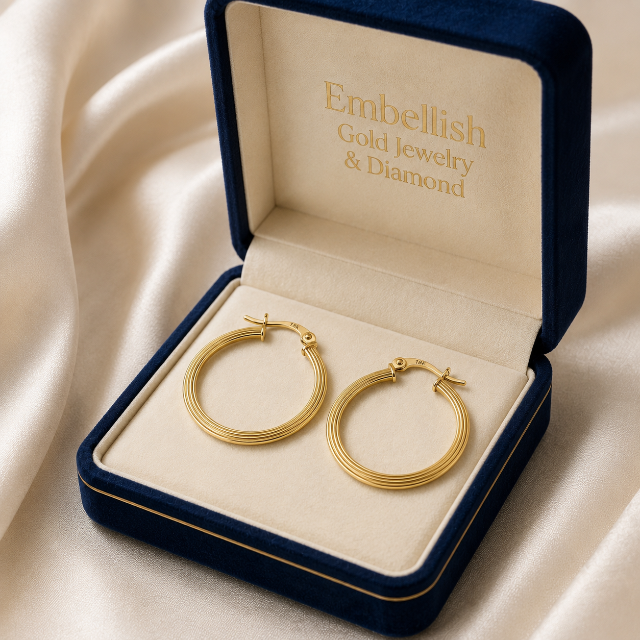 18k Gold Big Flat Lines Loop Earrings - 18k Gold Earrings - Embellish Gold Jewelry & Diamond