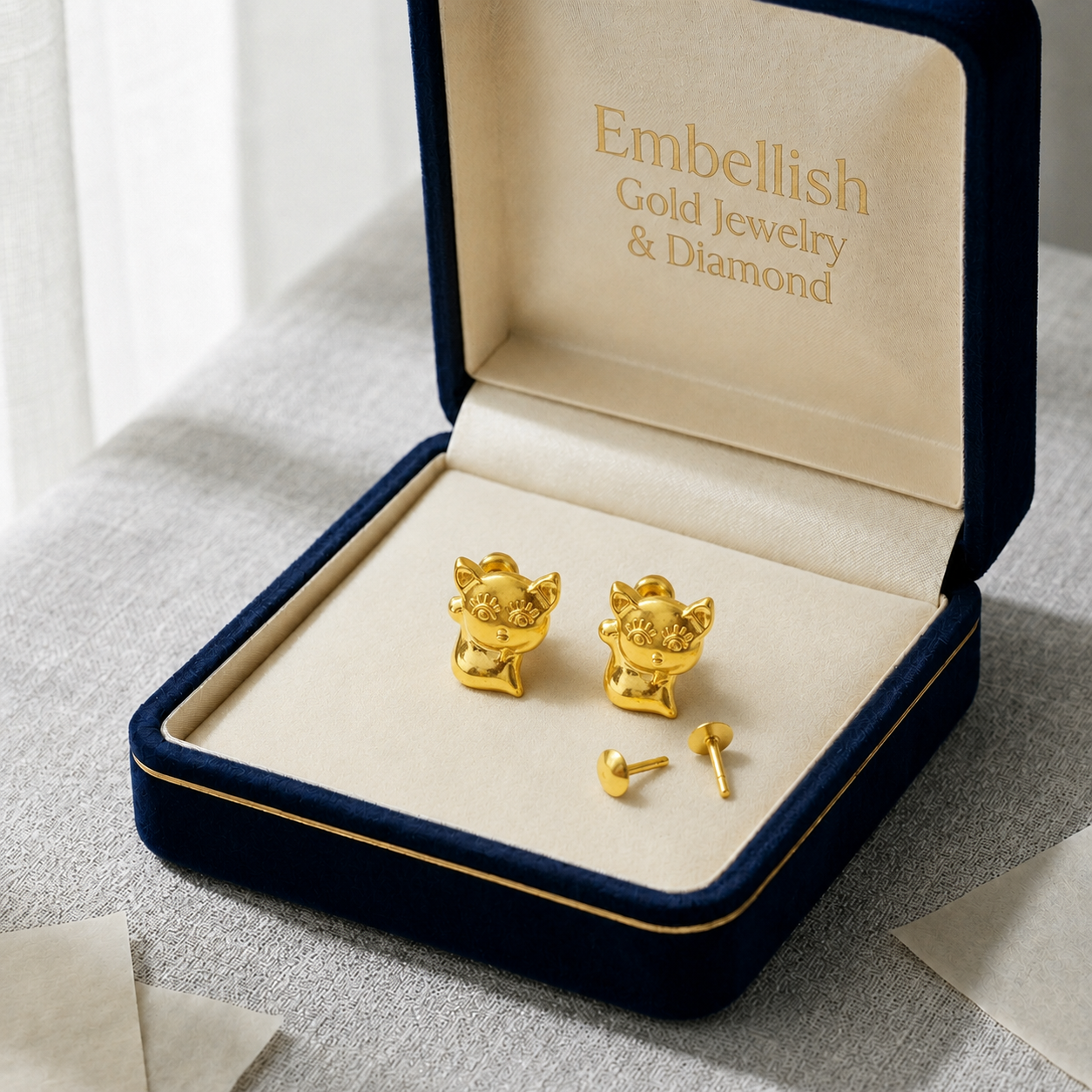 18K Real Gold Kitty Earrings - 18k Gold Earrings - Embellish Gold