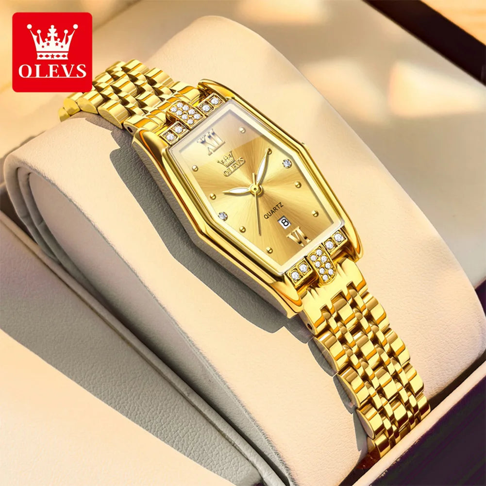 OLEVS 3699 Luxury Fashion Gold Stainless Steel Tonneau Quartz Ladies' Watches