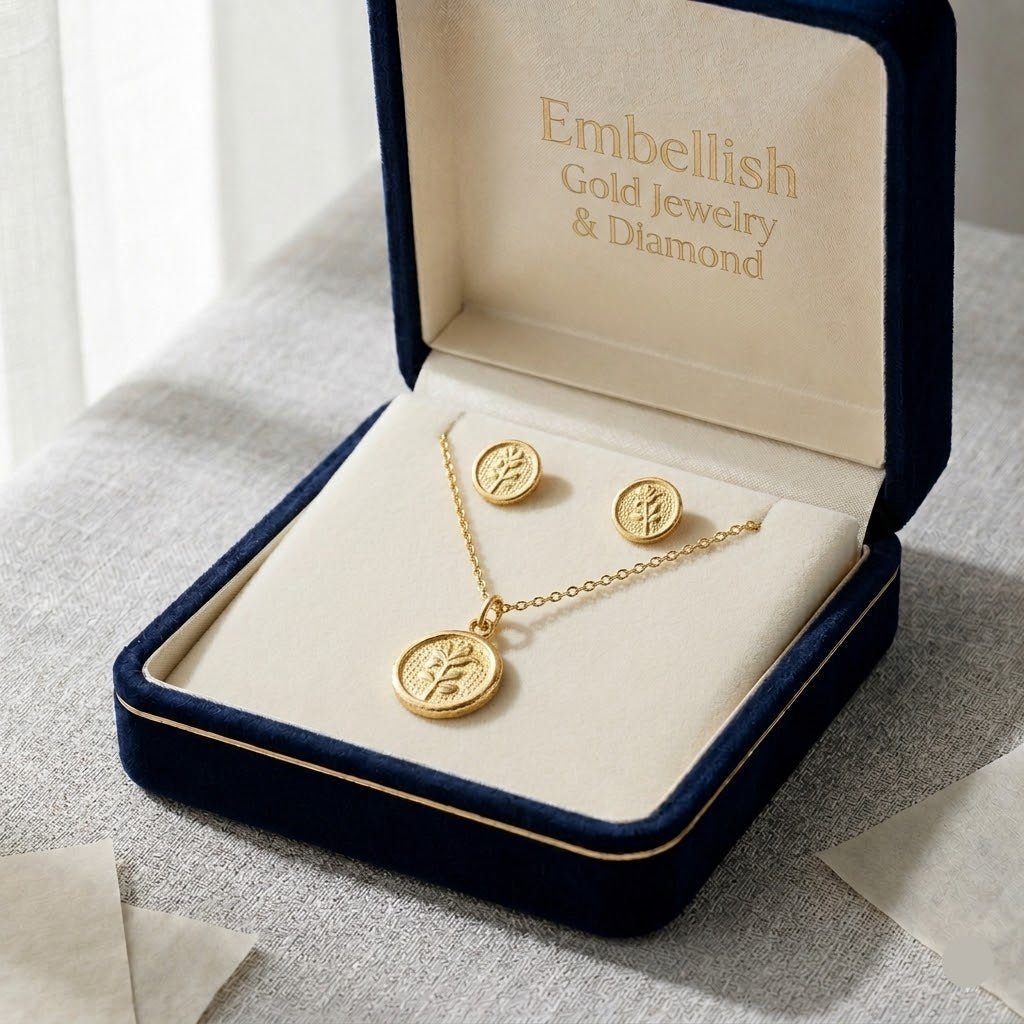 18K Real Gold Rose Flower Necklace And Earring Set