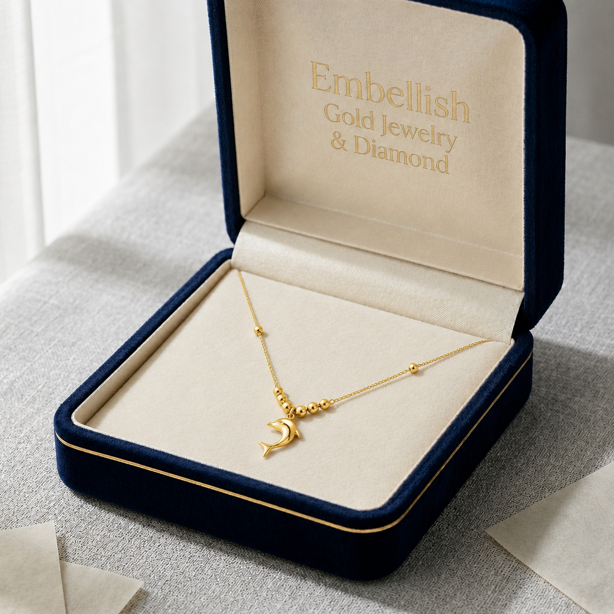 18k Gold Dolphin with Ball Necklace - 18k Gold Necklace - Embellish Gold Jewelry & Diamond