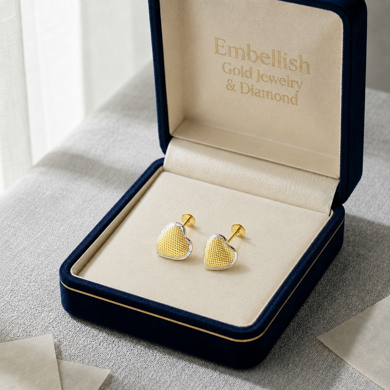 18K Gold Heart Earrings Dual Shade - 18k Gold Earrings - Embellish Gold