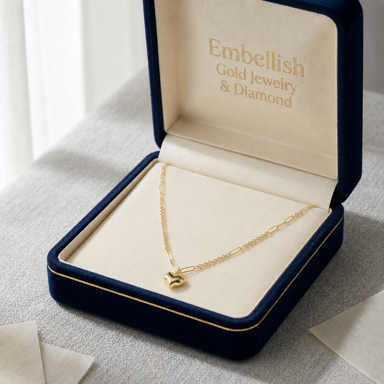 18k Gold Bubble Heart with Rope Clip Necklace - 18k Gold Necklace - Embellish Gold Jewelry & Diamond